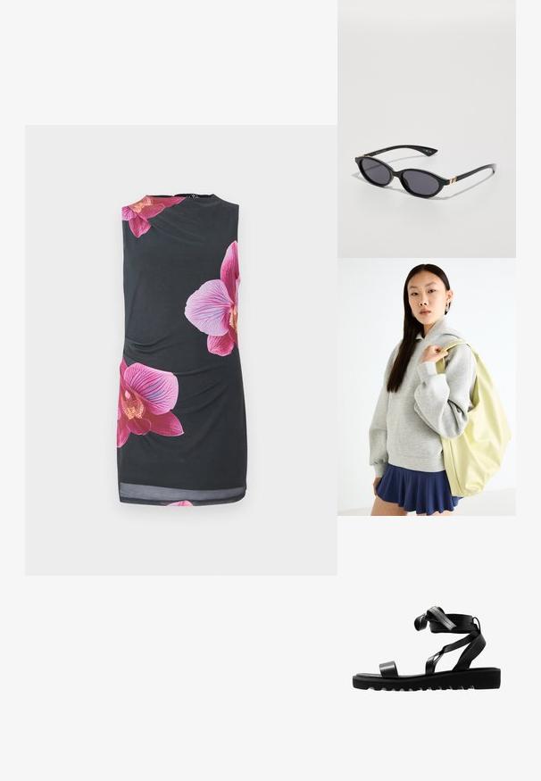 Vestido preto sem mangas com grandes estampas de orquídeas cor-de-rosa, textura suave, design ajustado com detalhe franzido na lateral, comprimento até ao joelho.; Chinelos pretos com uma sola texturizada, apresentando tiras finas e um design em nó. Feitos de material elegante, com forma moderna e ponta aberta.; Óculos de sol pretos com lentes ovais, com um tom escuro de gradiente e hastes finas que apresentam detalhes em dourado discretos. Acabamento em plástico liso.; Hoodie cinza oversized com um bolso canguru, combinado com uma saia azul-marinho evasê. Acessório: mochila grande amarelo-claro, de textura suave.
