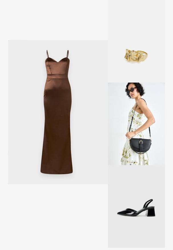 Pruun satiinist maksikleit, millel on istuv kehaosa, V-dekoltee ja õhukesed rihmad. Seelikutel on sirge siluett, mille serv ulatub põrandani.; Mustad musta lakknahk kingad, millel on terav varvas ja geomeetriline plokkkonts. Omab elegantselt minimalistlikku disaini ja sujuvat tekstuuri.; Mustmust mustraha kõverate joontega, eemaldatava rihmaga ja kuldsete detailidega. Kotil on klapp, millel on pandladetail.; Kuldne sõrmus tekstureeritud, lainelise disainiga, millel on kolm silmapaistvat tippu. Sile, läikiv pind ja avatud riba, mis võimaldab reguleeritavat sobivust.