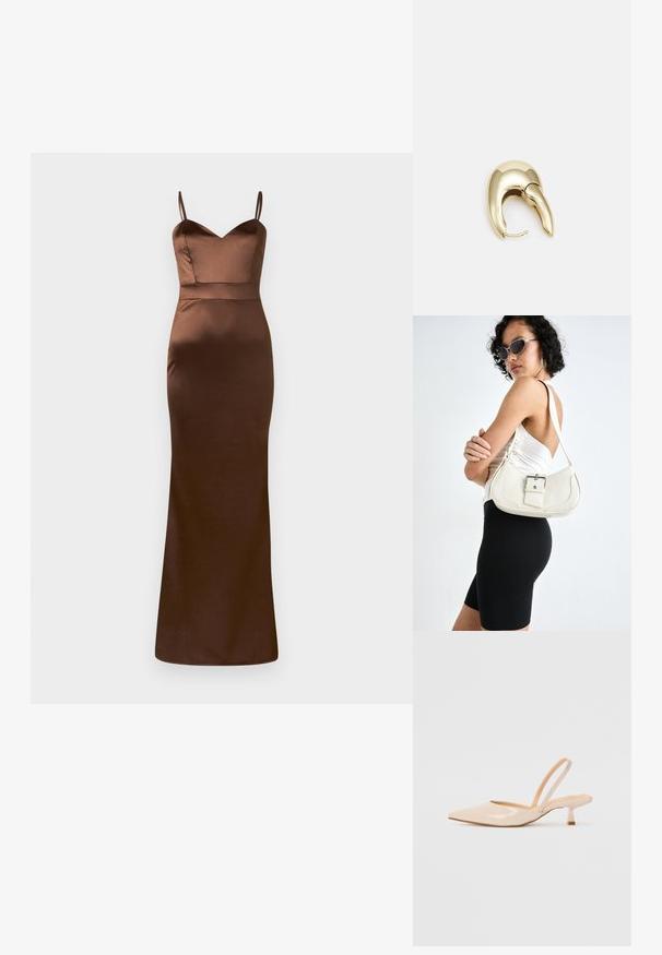 Hnědá saténová maxi šaty s upnutou bodies, výstřihem do V a tenkými ramínky. Sukně má rovný siluetu s lemem, který sahá až na podlahu.; Béžové lakované kožené lodičky se špičatou špičkou a štíhlým čtvercovým podpatkem. Hladký povrch a minimalistický design bez ozdob.; Bílá kožená kabelka s křivkovým tvarem, nastavitelným popruhem a malým detailem přezky. Model nosí těsné černé oblečení.; Náušnice ve zlatém tónu z kovu s elegantním zakřiveným designem. Vyznačují se jedinečným špičatým tvarem, lesklým povrchem a závěsem na kloub.
