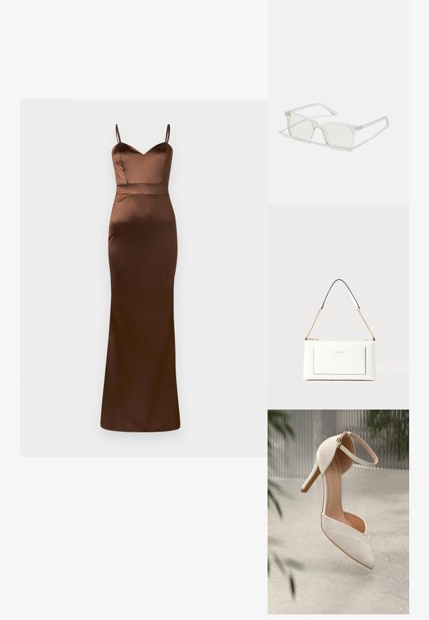 Barna selyem maxi ruha, amelynek feszes fazonú felsőrésze van, V-nyakkivágással és vékony pántokkal. A szoknya egyenes vonalú, az alja a földig ér.; Fehér magassarkú cipő sima anyagból, hegyes orral és bokapánttal. Világos bézs belső és aranyszínű hardver díszítés jellemzi.; Átlátszó műanyag négyzet alakú szemüveg, áttetsző lencsékkel, arany díszítéssel a szárakon a fokozott részletekért.; Fehér bőr kézitáska, texturált felülettel, arany lánccal és fekete részletekkel. Elülső zsebbel és cipzáros zárással rendelkezik.