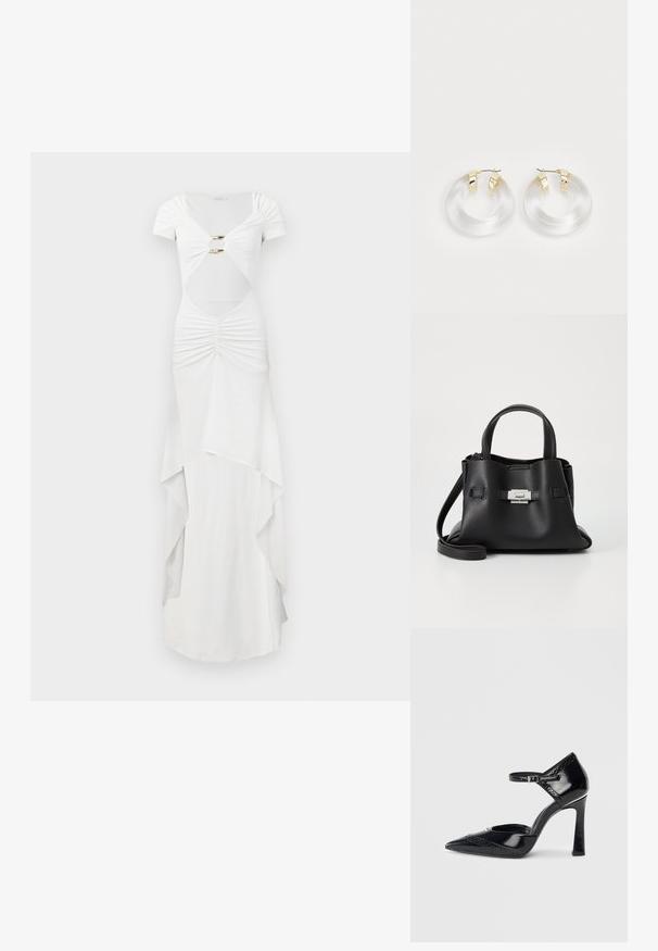 Bela maksi obleka s kratkimi rokavi, z nabranimi detajli, izrezom pri pasu, z zlatimi dodatki in slojevitim oblikovanjem krila.; Črne lakirane visoke pete z ošiljenim nosom, trak na gležnju in dekorativnimi perforiranimi detajli ob robu.; Črna usnjena torbica z teksturirano površino, ki ima dva zgornja ročaja, odstranljiv ramenski trak in podrobnosti z srebrnim zapiranjem.; Prozorne akrilne uhane v obliki obroča z zlatimi kovinskimi detajli in poliranim zaključkom. Imajo gladko, okroglo obliko.