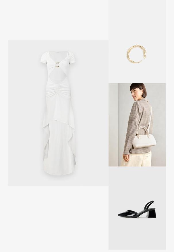 Bijela maxi haljina s kratkim rukavima, koja sadrži nabrane detalje, izrezanu struk, zlatne akcentne hardverske detalje i slojeviti dizajn suknje.; Crne lakirane kožne sandale s otvorenom petom i špicastim vrhom, s geometrijskom blok petom. Imaju elegantan, minimalistički dizajn i glatku teksturu.; Bijela strukturna torba s kratkim ručkama i remenom za rame, s zlatnim metalnim detaljima i teksturiranim materijalom, prikazana na sivoj pozadini.; Prsten u zlatnoj nijansi s organskim, uvijenim dizajnom, glatkom teksturom i suženim krajevima, koji stvara moderan, skulpturalni izgled.