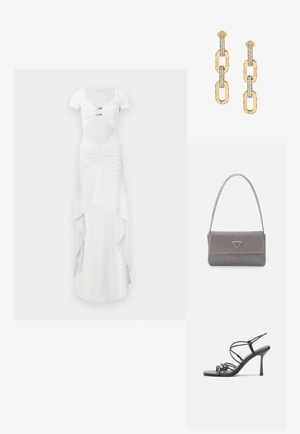 Fehér maxi ruha rövid ujjakkal, ráncolt részletekkel, kivágott derékkal, arany színű díszítőelemekkel és réteges szoknyával.; Fekete magas sarkú szandálok vékony pántokkal, csomózott mintával, sima négyzetes orral és karcsú stiletto sarkal rendelkeznek.; Világosszürke fémes kézitáska lánc pánttal, kis kör alakú fém kifinomult díszítéssel és háromszög alakú márkagéppel.; Arany lánc-link fülbevalók, átlátszó kristálydíszítéssel, gravírozott "GUESS" márkajelzéssel és sima felülettel.