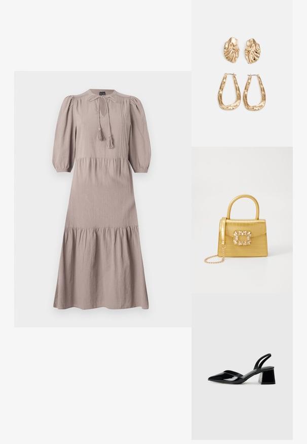 Maxikjole i blødt taupe stof med rund hals, plisseret detaljer, puffede ærmer og en lagdelt nederdel. Har en snor med kvaster.; Svarte patentlær slingback hæler med spiss tå og geometrisk blokk hæl. Har et stilrent, minimalistisk design og jevn tekstur.; Gul faux-krokodille veske med en strukturert design, toppen håndtak, avtagbar kjede stropp, og dekorativ krystallbortsettelse på låsen.; Gullfargede øredobber med teksturerte, bølgete former. Inkluderer skulpturelle klipsstuds og åpen hoop-design med en hamret finish.