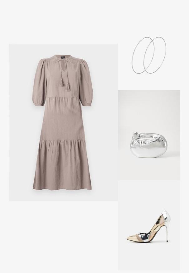 Maksimalistė su minkštu taupe audiniu, apvaliu kaklu, raukšlėta detalėmis, pūstomis rankovėmis ir sluoksniuotu sijonu. Yra juostos su kutais.; Aštrus pirštas aukštakulnis batelis su sidabro, aukso ir nuogų spalvų deriniu. Blizgus paviršius su išpjovos dizainu, su stiletto kulnu.; Sidabrinė metalinė maišelio forma su švelnia, apvalia forma ir mazgu užveriamu viršumi. Pagaminta iš lygios dirbtinės odos medžiagos.; Sidabrinės pusmėnulio auskarai minimalistiniu dizainu. Apskritimo forma, lygus paviršius ir plonas profilis. Lengvi su poliruotu apdailu.