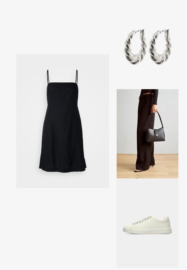 Gap Tall Freizeitkleid - black; Weiße niedrige Leder-Sneaker mit Schnürverschluss und flacher Gummisohle, seitlich auf einem schlichten Hintergrund dargestellt.; Schwarze Handtasche mit strukturierter Form, glatter Textur und einem metallischen Verschluss. Kombiniert mit weiten schwarzen Hosen und offenen Sandalen auf einem Holzboden.; Verdrehte Silbercreolen mit glänzender Oberfläche, die eine geflochtene Textur und einen sicheren Verschluss haben.