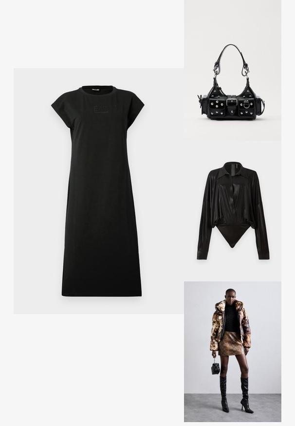 Melna kokvilnas kleita ar taisnu siluetu, īsām kapu piedurknēm un apaļu kakla izgriezumu. Priekšpusē redzama izgaismota logotipa detaļa.; Melnā bodijakā ar garām piedurknēm, V-veida kaklu un pieguļošu siluetu. Izgatavots no spīdīga, gluda auduma ar strukturētu apkakli un aprocēm.; Puffa jaka ar brūnu un melnu rakstu, kombinēta ar brūnu čūskas raksta mini svārkiem, melniem līdz ceļgala zābakiem un mazu melnu somiņu.; Melnas ādas rokturmais ar izliekumu, ar sudraba iedurtiem, sprādzi un divām sānu kabatām. Regulējams siksniņas garums dažādām nēsāšanas iespējām.