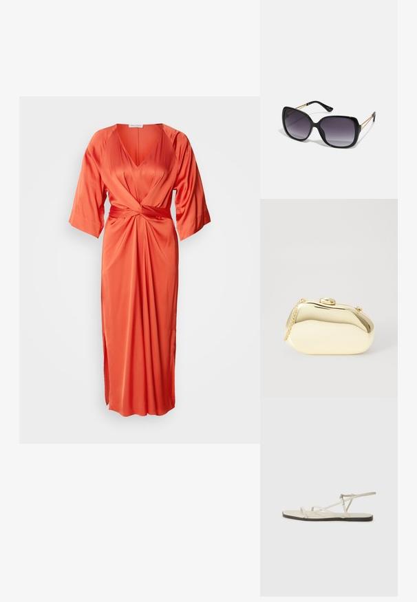 Rochie satin de culoare orange cu decolteu adânc în V, mâneci ample și un detaliu cu nod în față. Fusta are o fanta pe lateral pentru un plus de detaliu.; Sandalie plate bej cu multiple bretele subțiri și o cataramă ajustabilă. Talpa este plată, cu un ușor contrast întunecat la margine.; Ochelari de soare negri, supradimensionați, cu lentile degradate, rame groase și detalii cu lanț de ton auriu pe brațele templului.; Clutch metalizat de culoare aurie, cu o formă netedă și rotundă, având un închizător tip buton în partea de sus și o curea mică pentru purtare.