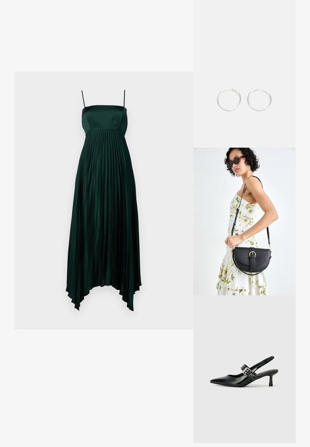 Robe en satin vert foncé avec de fines bretelles, présentant un design plissé et un ourlet asymétrique. Texture lisse et fluide tout au long.; Escarpins slingback en cuir verni noir avec un bout pointu et un petit talon bloc, mettant en avant un accent en boucle argentée sur la sangle.; Sac à main en cuir noir avec une forme courbée, bandoulière amovible et des accessoires en or. Le sac est doté d'un rabat avec un détail de boucle.; Boucles d'oreilles en argent avec un design rond et épuré, présentant une surface lisse et sans embellissements visibles. Diamètre non spécifié.