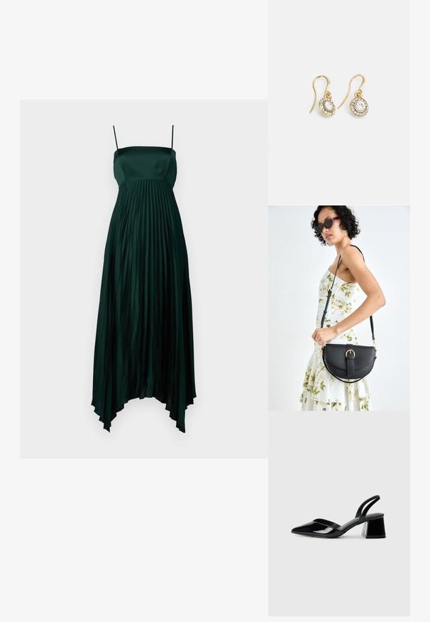Mørkegrøn satin kjole med tynde stropper, der har et plisseret design og en asymmetrisk kant. Glat, flydende tekstur hele vejen igennem.; Sorte patentlæder slingback hæle med spids tå og en geometrisk blok hæl. Har et elegant, minimalistisk design og en glat tekstur.; Sort læderhåndtaske med en buet form, aftagelig rem og guldfinish. Tasken har en klap med en spænde detalje.; Guldtonede øreringe med ovalformede klare krystaller omgivet af mindre klare sten, med et krogdesign for sikker bæring.