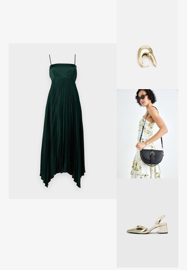 Dark green satin dress with thin straps, featuring a pleated design and an asymmetrical hemline. Smooth, flowing texture throughout.; Gold, metallic slingback heels with a pointed toe and chunky heel. Smooth texture, minimalistic design, and a narrow strap.; Black leather handbag with a curved shape, detachable strap, and gold hardware. The bag features a flap with a buckle detail.; Gold-tone metal earring with a sleek, curved design. Features a distinctive pointed shape, polished surface, and hinge closure.