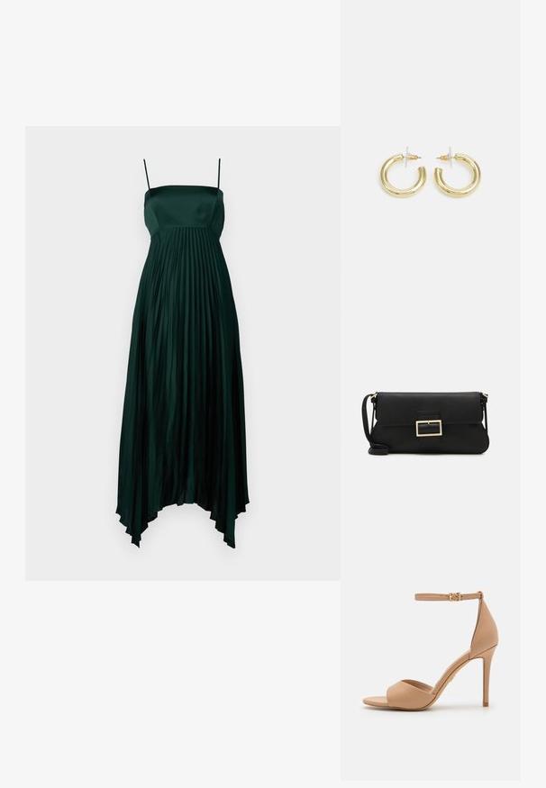 Dark green satin dress with thin straps, featuring a pleated design and an asymmetrical hemline. Smooth, flowing texture throughout.; ALDO CRERIDE PILLOW WALK - Sandals - beige; Black leather clutch bag with a flap and a gold metal buckle detail. Includes a black strap and a sleek, minimalist design.; Gold hoop earrings with a smooth, shiny finish. Circular design featuring a small post and clear backing for secure wear.