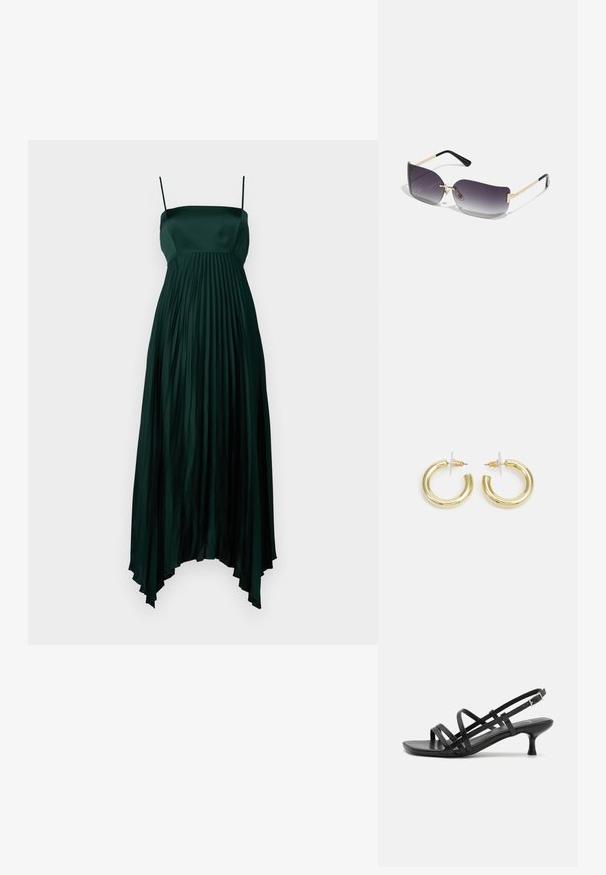 Robe en satin vert foncé avec de fines bretelles, présentant un design plissé et un ourlet asymétrique. Texture lisse et fluide tout au long.; Sandales à talons noirs avec plusieurs brides entrecroisées. Matériau lisse, bout pointu et talon étroit. Bride de cheville ajustable avec boucle.; Lunettes de soleil avec une lentille dégradée grise, une monture en métal doré et des accents en plastique noir. Lentilles uniques en forme de papillon avec des branches fines.; Boucles d'oreilles en or avec une finition lisse et brillante. Design circulaire présentant un petit clou et une attache transparente pour un port sécurisé.