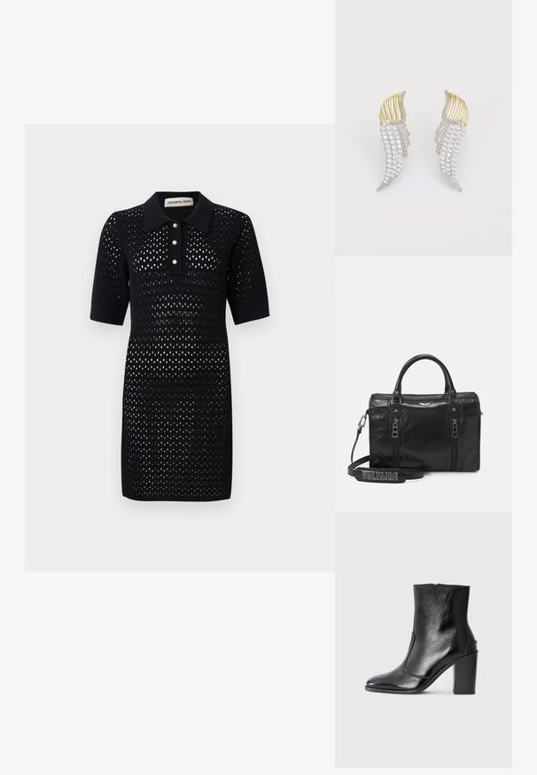 Mustapaita-neulemekko lyhyillä hihoilla, jossa on teksturoitu avomeshokuvio ja kolme helmimäistä nappia kauluksessa.; Mustat nahka ankle bootit, joissa on sileä pinta, terävä kärki ja paksu korkea korko. Sivusaumassa on avaus ja muuten yksinkertainen muotoilu.; Musta nahkalaukku, jossa on kaksinkertaiset vetoketjut, jämäkkä muotoilu ja yläkahvat. Mukana irrotettava hihna, jossa on "VOLTAIRE"-teksti.; Kaksi siipi-muotoista korvakorua, joissa on hopeanväristä metallia, kirkasta pyöreäpintaista strassia ja kultasävyisiä metallikoristeita kerrostetussa muotoilussa.