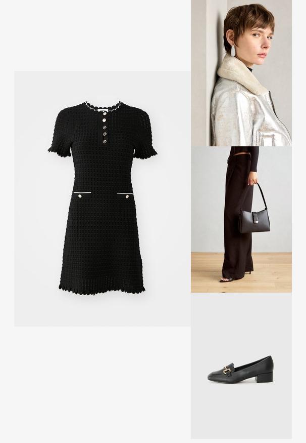 Vestito nero lavorato a maglia con maniche corte, bordi smerlati, una chiusura a bottoni e due tasche con bordo bianco davanti.; Mocassini in pelle nera con tacco piatto, dotati di un dettaglio decorativo in metallo dorato nella parte anteriore e una superficie liscia.; Borsa nera con forma strutturata, texture liscia e una chiusura metallica. Abbinata a pantaloni neri larghi e sandali open-toe su un pavimento in legno.; Giacca in pelle metallizzata argento con collare in shearling, dotata di chiusura zip e superficie texture. Orecchini a goccia grandi con gemme trasparenti.