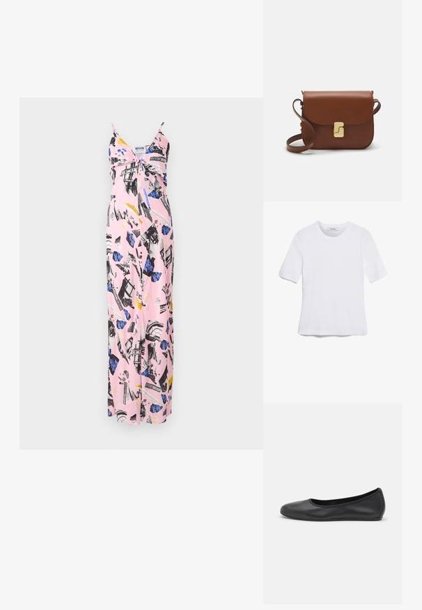 Rožinė maksi suknelė su plonomis petnešėlėmis, kurioje yra juodų ir mėlynų raštų koliažas, gėlių raštai ir drąsūs teksto akcentai.; Balta trumpa rankovėmis marškinėliai, pagaminti iš pasiruošusio audinio. Apvali iškirptė, reguliari tinkamumas ir subtilūs siuvimo detalės. Be raštų ar grafikos.; Juodai odiniai baletai su apvaliu pirštu, lygi texture, minimalus siuvimo detales ir lanksčiu padų dizainu.; Ruda odinė rankinė su uždaromu dangteliu, aukso spalvos detalėmis, petneša ir lygiu paviršiumi. Kompaktiška stačiakampio formos.