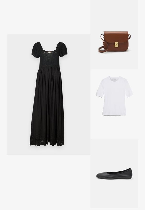 Musthave mustrõiv musta värvi maksikleit, millel on tekstureeritud rinnaosa, lühikesed puhvärvid ja kokku kogutud seelik, mille allääres on peen silmadega detail.; Valge lühikeste varrukatega T-särk ribatud kangast. Ümara kaelusega, tavalisest sobivusest ja peente õmbluse detailidega. Ilma mustrite või graafikateta.; Musthave mustika tantsutossud mustast nahast, ümmarguse varbaga, siledast tekstuurist, minimaalse õmblusdetailiga ja paindliku tallakujundusega.; Pruunist nahast käekott, millel on klapiga sulgur, kuldne riistvara, õlarihm ja sile tekstuur. Kompaktne ristkülikukujuline vorm.