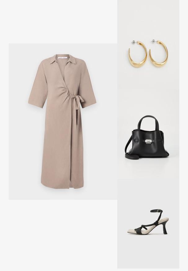 Beige csomagolóruha könnyű szövetből, V-nyakkal, rövid ujjakkal és megkötős díszítéssel a deréknál. Közepes hosszúságú kivitel.; Fekete sarkú szandál fonott pánttal, négyzet alakú orral és állítható bokapánttal. Világos bézs talpbetét fényes fekete sarkával.; Fekete bőr kézitáska struktúrált felülettel, két felső fogantyúval, levehető vállpánttal és ezüst színű csattal.; Aranyszínű karika fülbevalók sima, ívelt dizájnnal. Fémből készültek, elegáns kivitelben, és tűzáras zárással rendelkeznek.