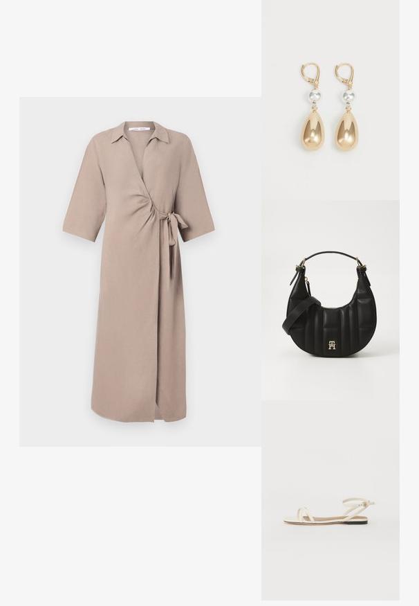 Beige csomagolóruha könnyű szövetből, V-nyakkal, rövid ujjakkal és megkötős díszítéssel a deréknál. Közepes hosszúságú kivitel.; Krém színű bőr lapos szandálok vékony keresztpántokkal, csattal ellátott bokapánt, minimalista dizájn és kontrasztos fekete talp.; Fekete bőrtáska ívelt formával, steppelt textúrával és arany hardware-rel. Levehető vállpánttal és logó részlettel rendelkezik.; Aranyszínű lógós fülbevalók csepp alakban, fényes fémtömörítéssel és ezüstszínű gyöngy díszítéssel.
