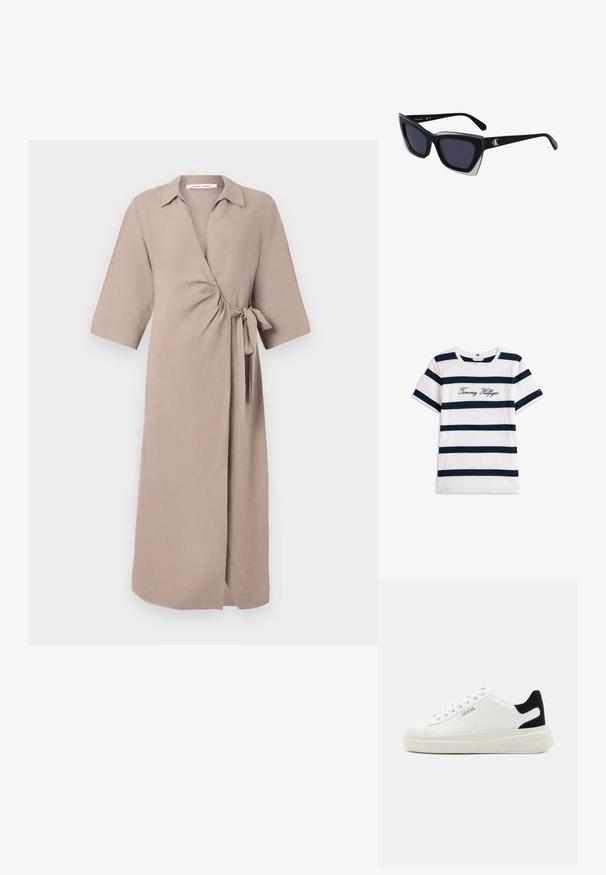 Vestito a portafoglio beige in tessuto leggero, con scollatura a V, maniche corte e un dettaglio legato in vita. Design di lunghezza intermedia.; T-shirt in cotone con righe orizzontali blu navy su sfondo bianco. "Tommy Hilfiger" ricamato in corsivo sul petto. Collo a giro.; Sneaker bianchi in pelle con suola spessa bianca, accento in suede nero sul tallone e logo impresso sul lato. Design con lacci e sei fori per i lacci.; Occhiali da sole oversize neri dalla forma geometrica, con lenti scure e un dettaglio grigio a contrasto sulla montatura. Logo sul braccio.
