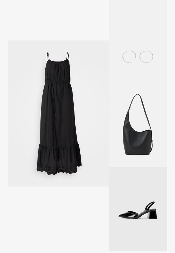 Čierne maxi šaty s nastaviteľnými špagetovými ramienkami, sčleneným pásom a volánovým lemom s vyšívanými kvetinovými vzormi. Mäkka, ľahká látka.; Čierne lakované kožené sandálové podpätky s špicatou špičkou a geometrickým blokovým podpätkom. Disponujú elegantným, minimalistickým dizajnom a hladkým povrchom.; Čierna kožená hobo taška so hladkou textúrou, zakriveným tvarom a jedným nastaviteľným popruhom; má široké otvorenie na vrchu.; Strieborné kruhové náušnice s elegantným, okrúhlym dizajnom, s hladkým povrchom a bez viditeľných ozdôb. Priemer nie je špecifikovaný.