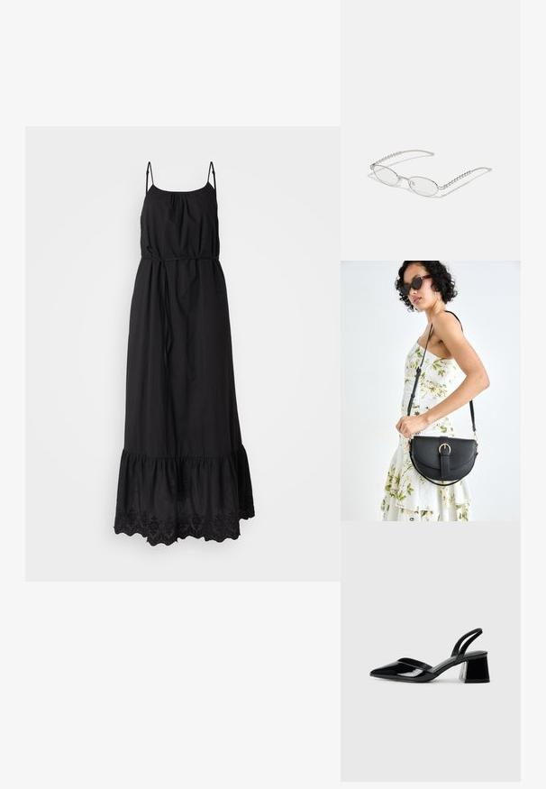 Fekete maxi ruha állítható pántokkal, megkötött derékkal és fodros szegéllyel, amely hímzett virágmintákkal díszített. Puha, könnyű anyag.; Fekete lakk bőr szandálkés magas sarkú cipő, hegyes orral és geometrikus tömbsarkakkal. Karcsú, minimalista dizájn és sima textúra jellemzi.; Ovális szemüveg fém ezüst kerettel, átlátszó lencsékkel és texturált gyöngyös szárakkal. Könnyű kialakítás ívelt karokkal.; Fekete bőrtáska ívelt formával, levehető pánttal és arany színű fémrészekkel. A táskán egy csattal díszített fedél található.