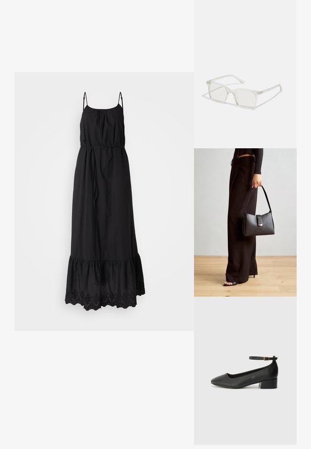 Robe maxi noire avec des bretelles spaghetti réglables, une taille cintrée et un ourlet à volants ornés de motifs floraux brodés. Tissu doux et léger.; Escarpin en cuir noir avec un bout pointu et un petit talon bloc. Doté d'une bride de cheville avec une boucle dorée. Texture lisse.; Lunettes carrées en plastique transparent avec des verres translucides, dotées d'accents dorés sur les branches pour plus de détails.; Sac à main noir à la forme structurée, texture lisse et fermoir métallique. Associé à un pantalon noir ample et des sandales ouvertes sur un sol en bois.