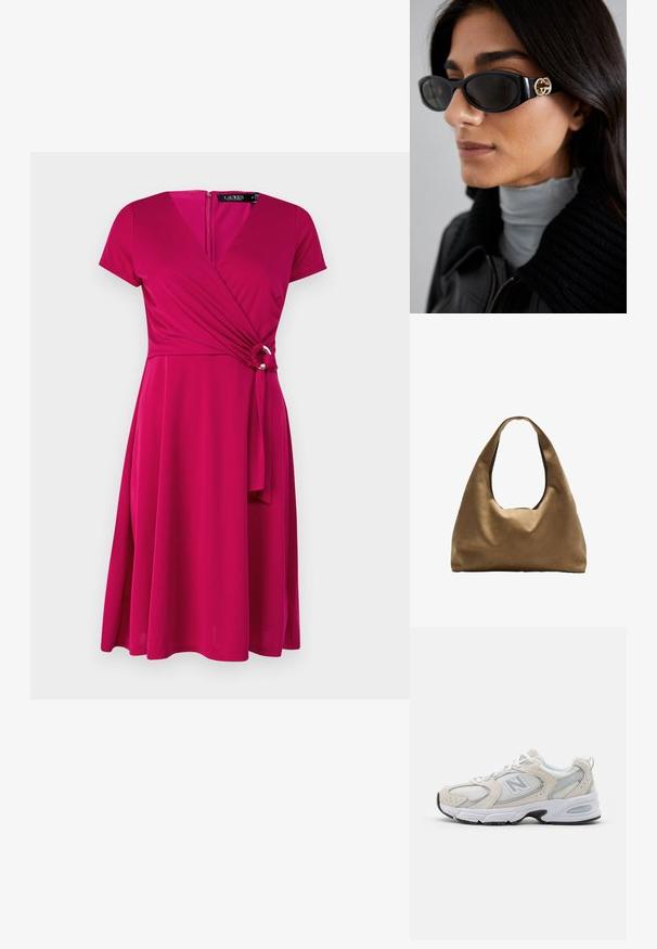 Kratka obleka s kratkimi rokavi v živahni fuksiji, z detajlom vozla v pasu in A-linijskim krilom. Gladko blago z rahlim leskom in zadrgo.; Atletski čevlji z lahkotnim sivim mrežastim zgornjim delom in usnjenimi poudarki, belimi vezalkami in črnim gumijastim podplatom. Opazna podrobnost ABZORB blaženja.; Črne sončne očala z elegantnim pravokotnim okvirjem in zlatim logotipom na strani. Temna stekla in sijajna površina sta izrazita.; Brahna torba preko rame iz rjave tkanine s širokim, zaobljenim tijelom i velikim izrezanim ručkom. Meka tekstura, minimalistički dizajn i bez vidljivih metalnih dijelova.