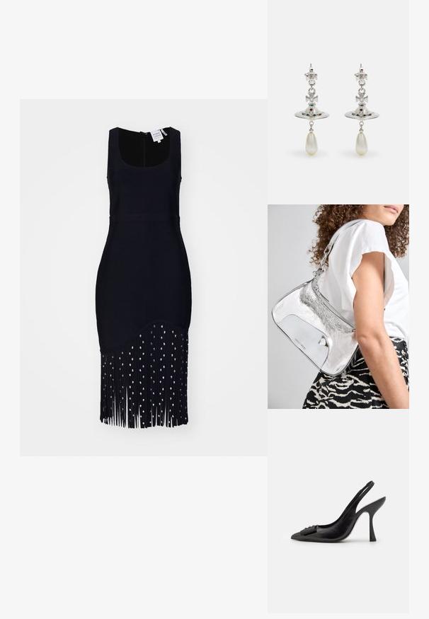 Čierne bezrukávové šaty s priliehavým telom a frakovaným lemom, zdobené striebornými korálkami, vyrobené z mäkkej, textúrovanej látky.; Čierne kožené šľapky so špicatou špičkou, úzkym vysokým opätkom a dekoratívnou mašľou. Hladká textura a elegantný dizajn.; Strieborná metalická kabelka na rameno s hladkou textúrou, zakriveným dizajnom, retiazkou na nosenie a lesklým predným panelom s jemnou gravírovanou logom.; Strieborné náušnice s obručou v tvare kruhu, zdobené žiariacimi kameňmi a perlou v tvare kvapky. Výnimočný dizajn s prepracovanými detailami.