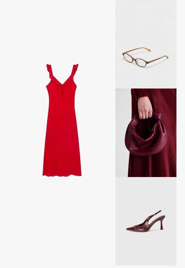 Rotes Sommerkleid mit taillierter Form, gesmokten Schulterträgern und einer Schleifendetail vorne; weicher Stoff mit glatter Textur.; Burgunderfarbene Lackleder Slingback-Pumps mit spitzem Schuh und Rüschendetails, ausgestattet mit einem schlanken Absatz und einem verstellbaren Knöchelriemen.; Braune Schildpatt-Brille mit ovalen Gläsern, dünnen Bügeln und transparenten Akzenten. Verfügt über ein dezentes Logo am Bügel. Elegantes, leichtes Design.; Burgunderleder-Handtasche mit einem weichen, gerafften Design und einer gerundeten Form. Der Griff ist gesichert und zeigt eine glatte Textur.