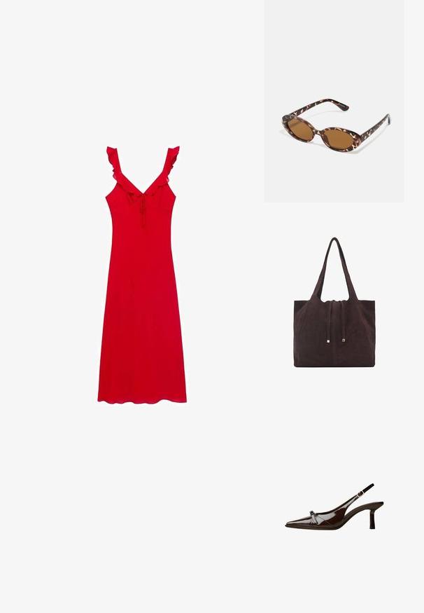 Rotes Sommerkleid mit taillierter Form, gesmokten Schulterträgern und einer Schleifendetail vorne; weicher Stoff mit glatter Textur.; Braune Lackleder-Slingback-Schuhe mit spitzem Zehenbereich, niedrigem Absatz und einer dekorativen Schleifenakzent an der Vorderseite. Glatte, glänzende Textur.; Sonnenbrille aus Schildpatt mit ovalen Gläsern, braun getönt, dünnen Bügeln mit strukturiertem Muster, leichtem Kunststoffrahmen.; Mango Shopping Bag - dark brown