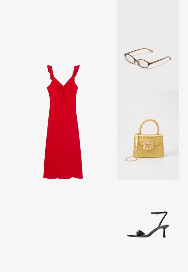 Punainen kes dresses, jossa on tiukka muotoilu, frillattuja olkaimia ja solmittava yksityiskohta edessä; pehmeä kangas, jossa on sileä rakenne.; Bershka Korolliset sandaalit - black; Ruskeat kilpikonnaruutulasiset silmälasit, joissa ovaalit linssit, ohuet varret ja läpinäkyvät yksityiskohdat. Temppeleissä on huomaamaton logo. Suunnittelultaan suora ja kevyt.; Keltainen keinonahkainen krokotiililaukku, jossa on jämäkkä muotoilu, yläkahva, irrotettava ketjusanka ja koristeellinen kristallikoristelu lukossa.