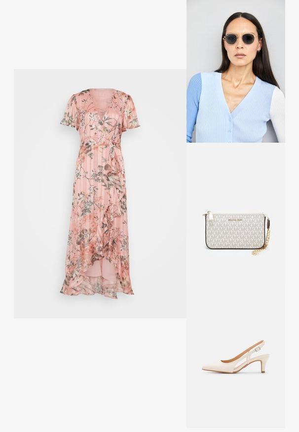 Rosa blommig maxiklänning med V-ringning, korta ärmar, volanger fram och ett flödande, halvgeneröst tyg. Har ett vertikalt randigt mönster.; Vit slingbackklack med spetsig tå, slät ovandel, låg blockklack och sidoutskärning med justerbar spänne.; Runda solglasögon med mörka linser och guldramar. Modellen bär en ljusblå, ribbad cardigan med knappar och kontrasterande vita ärmar.; Michael Kors handledos i beige belagd kanvas med ett upprepande MK-logomönster, gyllene detaljer och ett avtagbart kedjehandtag.