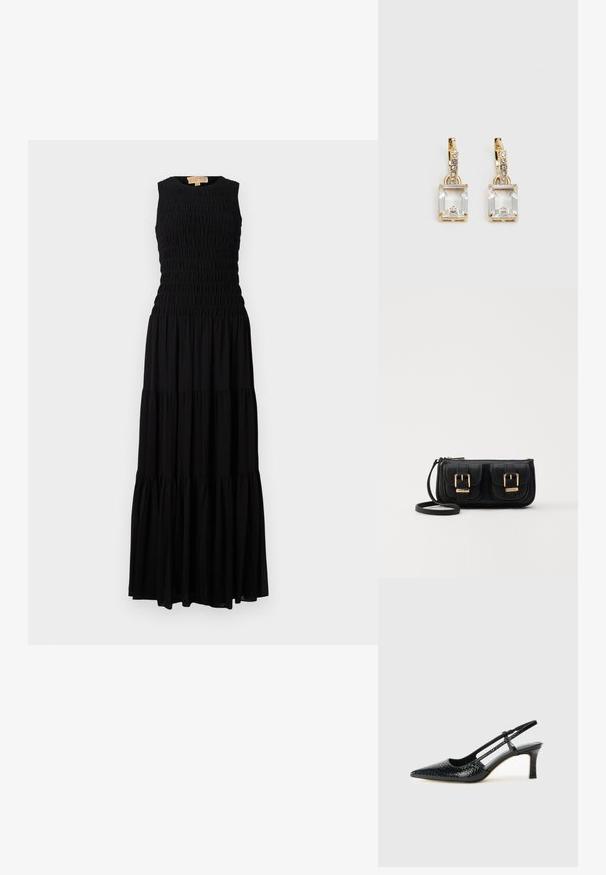 Vestido maxi preto com design sem mangas, apresentando corpete franzido e saia em camadas. Textura suave, estilo casual e cor uniforme.; Salto slingback em patente preta com bico apontado, apresentando um padrão de pele de cobra texturizado, tira ajustável e um salto bloco curto e texturizado.; Bolsa de ombro em couro preto com dois bolsos frontais, fivelas douradas, fecho de zíper e uma alça fina. Superfície texturizada e forma retangular compacta.; Brincos em tom de ouro com um cristal retangular claro pendurado abaixo de uma linha de pequenos acentos redondos claros. Design elegante e moderno.