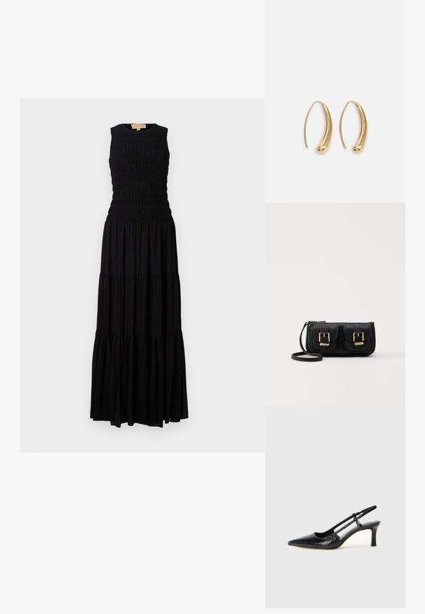 Μαύρο μέγιστο φόρεμα με χωρίς μανίκια σχέδιο, διαθέτει σμιλευτό μπούστο και κεντητό φούστα. Λείο υλικό, καλοκαιρινό στυλ και ομοιόμορφο χρώμα.; Μαύρη πατέντα σλινγκμπάκ γόβα με μυτερή μύτη, διαθέτει υφή από φίδι, ρυθμιζόμενο λουρί και κοντή, υφή τετράγωνη φτέρνα.; Μαύρη δερμάτινη τσάντα ώμου με δύο μπροστινές τσέπες, χρυσά κούμπωματα, κλείσιμο με φερμουάρ και λεπτό λουρί. Υφή επιφάνειας και κομψό ορθογώνιο σχήμα.; Χρυσές μεταλλικές σκουλαρίκια κρίκοι με καμπυλωτό, ελκυστικό σχήμα. Περιλαμβάνουν μια λεία, γυαλιστερή επιφάνεια και στρογγυλή άκρη για πρόσθετη λεπτομέρεια.