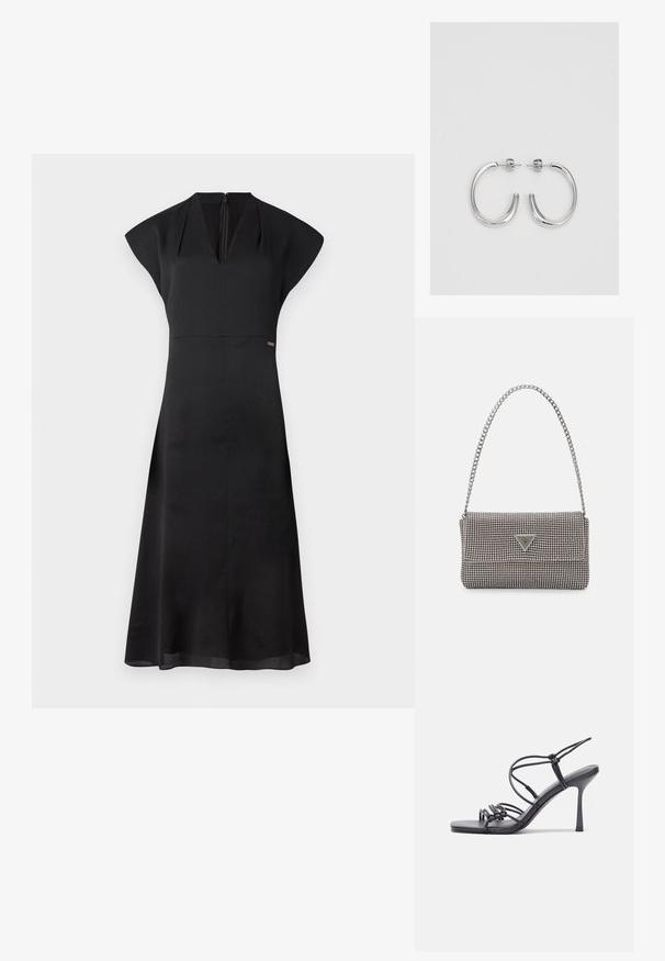 Vestido preto com mangas curtas e em cap sleeve, e decote em V. Tecido texturizado com um corpete justo e saia rodada. Fecho de zíper nas costas e detalhe de marca discreto.; As sandálias de salto alto pretas apresentam tiras finas com um design em nó, uma biqueira quadrada lisa e um elegante salto agulha.; Bolsa metálica cinza claro com uma alça de corrente, adornada com pequenos rebites metálicos circulares e um logótipo triangular da marca.; Brincos de argola prateados com um acabamento suave e brilhante. Forma arredondada, design leve, com fecho de pino.