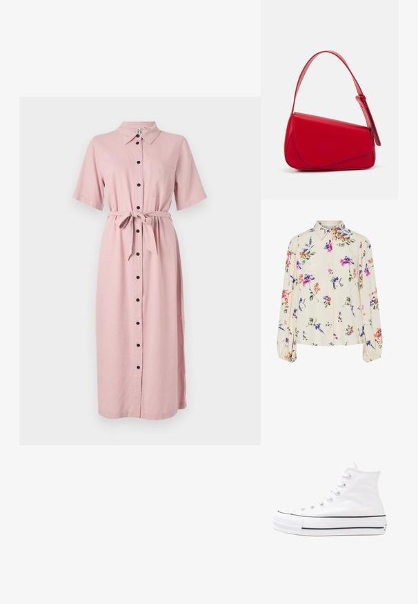 Rochie roz cu nasturi, confecționată dintr-un material ușor, cu guler, mâneci scurte, un cordon la talie și un buzunar pe piept cu nasturi negri.; Bluză florală cu mâneci lungi și puff, bază de crem deschis, cu modele florale în nuanțe de violet, portocaliu și verde, și design cu guler clasic.; Adidași albi tip pantofi sport cu glezna din pânză, cu talpă din cauciuc negru, capac de vârf din cauciuc frontal și șase ochiuri pentru șireturi, având un design curat și minimalist.; Geantă de mână din piele roșie, cu un design unghiular și geometric. Dispune de o singură curea ajustabilă și un sistem de închidere cu clapetă, cu detalii cusute.