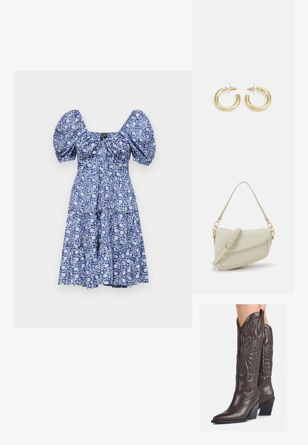 Plava haljina s cvjetnim uzorkom, nabranim rukavima, kvadratnim dekolteom, nabrano tijelo i dizajn s naboranom suknjom. Tkanina ima glatku teksturu s blagim uzorkom.; Smeđe kožne kauboj čizme s šiljastim vrhom i blok-potpeticom, s detaljno izvezenim šavovima i uzdignutim naglascima na okovu.; Mala krem torbica s teksturiranim finišom, dugačkim podesivim remenom, lančanim detaljem i preklopom. Zlaćani hardver.; Zlatne kružne naušnice s glatkom, sjajnom završnom obradom. Kružni dizajn s malom potporom i prozirnom podlogom za sigurno nošenje.