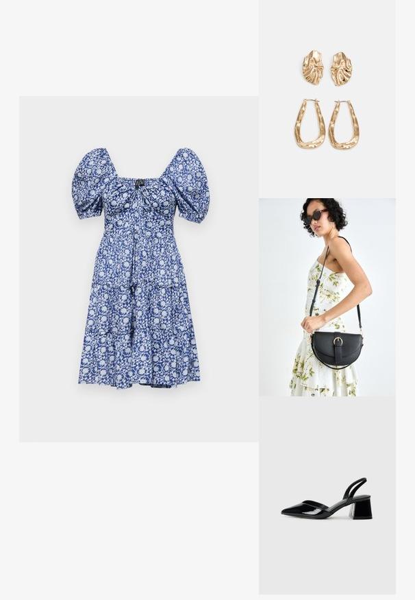 Vestido floral azul com mangas bufantes, decote quadrado, corpete franzido e design de saia em camadas. O tecido tem uma textura suave com um padrão leve.; Sandy em verniz preto com salto slingback, ponta afilada e salto geométrico. Apresenta um design elegante e minimalista com textura suave.; Bolsa de couro preta com forma curva, alça destacável e detalhes em dourado. A bolsa possui uma aba com detalhe de fivela.; Brincos em tom de ouro com formas onduladas e texturizadas. Inclui studs escultóricos com presilha e um design de argola aberta com um acabamento martelado.