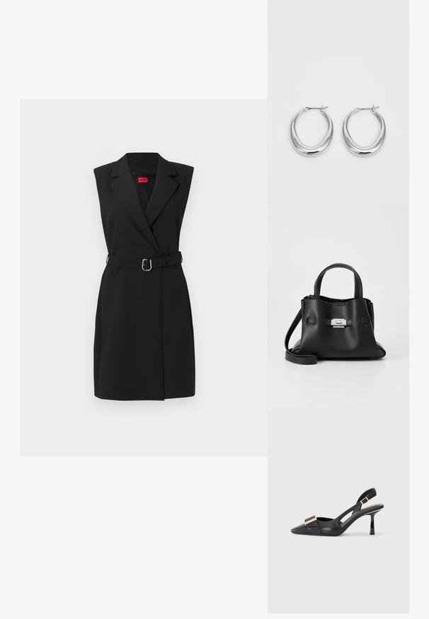 Czarna kamizelka sukienka bez rękawów o dopasowanym fasonie, z paskiem w talii, ostrymi klapami i wyrafinowaną sylwetką.; Czarna skórzana mokasynka z odkrytym piętą, spiczastym noskiem, smukłym obcasem i akcentem w kolorze złotym na cholewce. Gładka faktura i zorganizowany design.; Czarna skórzana torebka z teksturowanym wykończeniem, wyposażona w dwie górne rączki, odczepiany pasek na ramię oraz detal w postaci srebrnego zapięcia.; Para wypolerowanych srebrnych kolczyków w kształcie półksiężyca z zawiasowymi zapięciami na białym tle.
