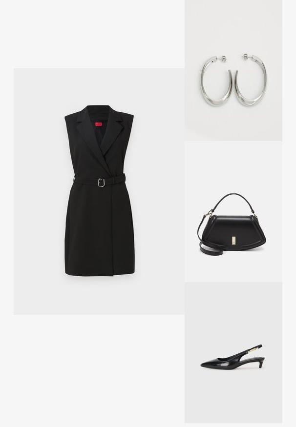 Black sleeveless blazer dress with a tailored design, featuring a belted waist, sharp lapels, and a structured silhouette.; Black leather slingback heels with a pointed toe, featuring a slim heel and a gold-tone accent on the adjustable strap. Smooth texture.; Black leather handbag with a structured design, featuring a cropped shape, top handle, and gold hardware accent. Adjustable shoulder strap included.; Silver hoop earrings with a smooth, curved design. Features a shiny metallic finish and stud closure. No visible patterns or accents.