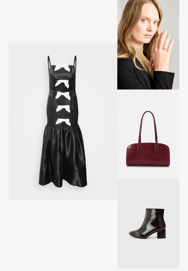 Schwarzes Satin-Kleid mit weißen Schleifenakzenten, dünnen Trägern, einem taillierten Oberteil und einem ausgestellten, gerafften Saum. Glatte Textur und klassisches Design.; Schwarze Lackleder-Stiefeletten mit spitzer Zehe und einem klobigen Absatz. Glatte Textur mit einem dezenten Glanz und klaren Linien, minimalistisches Design.; Zign LEATHER - Handtasche - dark red; Silberring mit runden Edelsteinen, getragen an einer Hand mit leicht strukturiertem Hautbild, vor einem Hintergrund aus einem schwarzen Blazer und einem goldenen Oberteil.