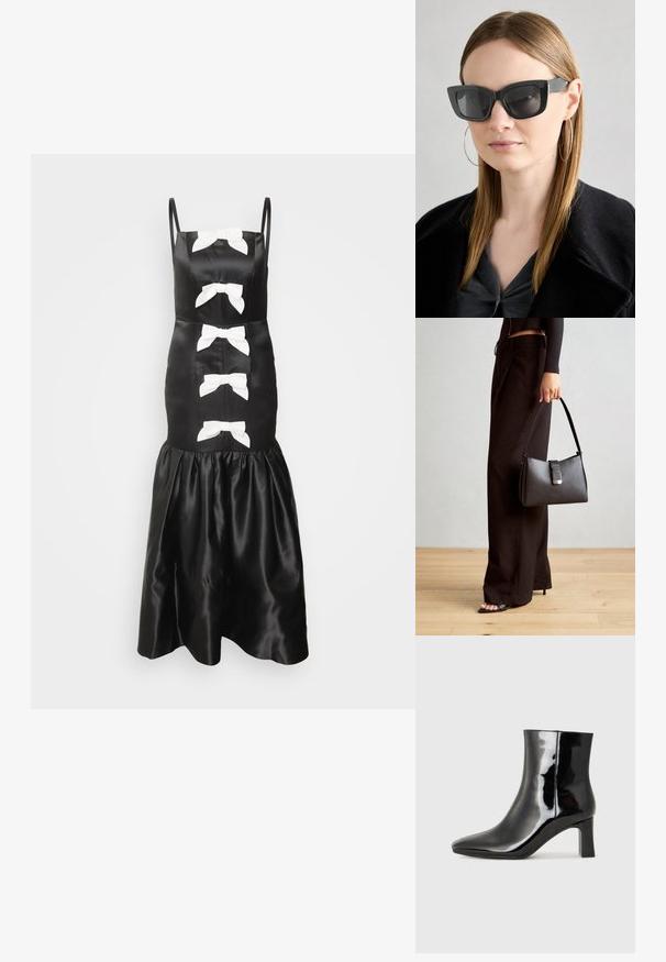 Melnas satīna kleitas ar baltām loku akcentiem, smalkiem plecu siksnām, pieguļošu bodiju un flared, ruffled apakšmalu. Gluda tekstūra un klasiskā dizaina.; Melnas patentētas ādas potīšu zābaki ar norādītu pirkstu un vidēja augstuma kvadrātveida papēdi. Gluda tekstūra un minimālisma dizains.; Melna kaķa acs saulesbrilles ar tumšiem objektīviem, bieziem rāmjiem un smalkiem akcentiem. Valkātas ar melnu mēteļi un pelēku augšu, ar garām taisnām matiem.; Melnā somiņa ar strukturētu formu, gludu tekstūru un metālu sprādzi. Saskaņota ar platām melnām biksēm un sandālēm ar atvērtu purngalu uz koka grīdas.