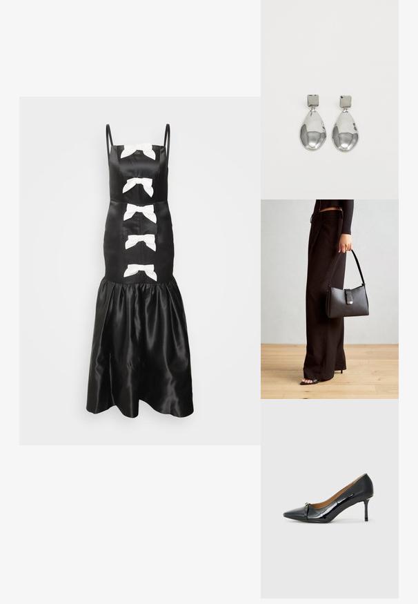 Mustast satiin kleit, millel on valged lipsudetailid, õhukesed rihmad, pressitud kehaosak ja laienev, volangidega äär. Sile tekstuur ja klassikaline disain.; Must musta korkeakorkoiset kengät läpikuultavasta mustasta mokasta, joissa on teräväpäinen kärki, koristeellinen nauha edessä ja ohut stilettokorko.; Must musta kott, millel on struktureeritud kuju, sile tekstuur ja metallist klamber. Kombineeritud laiate mustade pükstega ja avatud varvaste sandaalidega puidust põrandal.; Hõbedased ripatsid, millel on ruudukujuline studs, siledat ja poleeritud viimistlust ning pisarakuju, peegeldades valgust läikiva pinnaga.