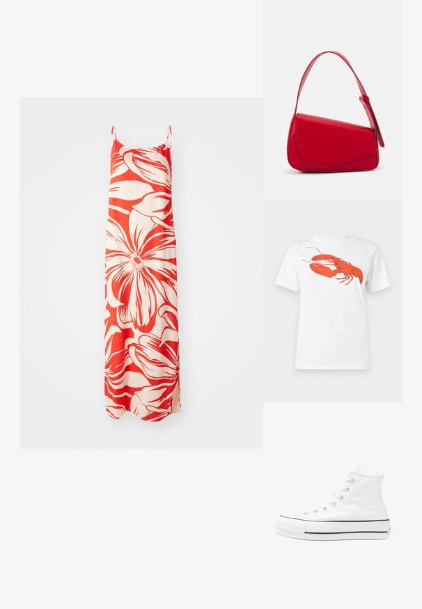 Maxi šaty v červenej a krémovej farbe, s veľkými kvetinovými vzormi. Vyrobené z ľahkého materiálu s nastaviteľnými ramienkami a bočnými rozparkami.; Biely bavlnený tričko s veľkým, jasne červeným grafickým zobrazením homára na prednej strane. Krátke rukávy a štandardný dizajn s okrúhlym výstrihom.; Biele vysoké plátené tenisky s čiernou gumovou podošvou, prednou gumovou špičkou a šiestimi okami na šnúrky, s čistým, minimalistickým dizajnom.; Červená kožená kabelka s ostrým, geometrickým dizajnom. Má jeden nastaviteľný popruh a uzatváranie na klopu so šitím.