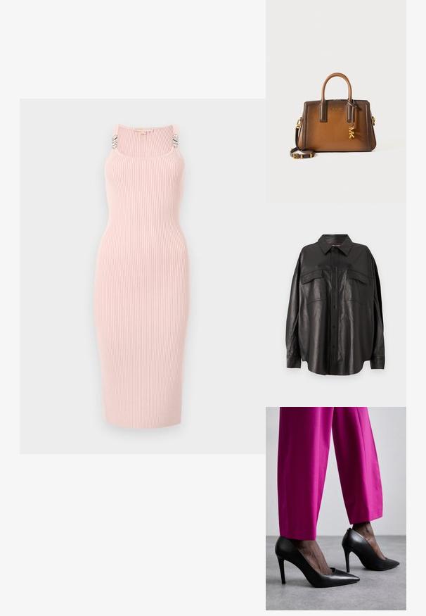 Rožinė raukinėta megzta suknelė tiesia siluetu, kvadratiniu iškirpimu ir sidabrinėmis detalėmis ant petnešų. Tikiami vidutinio ilgio.; Juodas odinis marškiniai su mygtukais priekyje, smailiu apykakle ir dviem krūtinės kišenėmis. Išsiskiria laisvu siluetu ir glotnia tekstūra.; Juodi aukšti kulniukai su smailiu pirštu ir lygia odos tekstūra. Suderinti su ryškiai rožinėmis pritaikytomis kelnėmis.; Ruda odinė rankinė, pasižyminti dviem viršutiniais rankenomis, nuimama petneša, auksinėmis detalėmis ir dekoratyvine pakaba su raidėmis "MK."