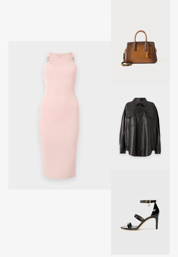 Rosa ribbad stickad klänning med rak silhuett, fyrkantig uringning och silverdetaljer på axelbanden. Längd till mitten av vaden.; Svart läder skjorta med knappstängning framtill, spetsig krage och två bröstfickor. Har en lös passform och slät textur.; Svart lackskinnsandaler med tre remmar, ankelspänne och 10 cm stilettklack. Har detaljer i guldmetall och logokaraktär.; Brun läderhandväska med dubbla handtag, avtagbar axelrem, guldfärgade detaljer och en dekorativ charm med bokstäverna "MK."