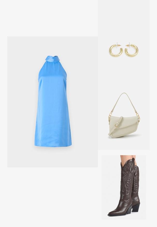 Kätketev, helesinine halterkleit, mis on valmistatud siledast kangast ja millel on kõrge kaelus ning külgisted mugavaks liikumiseks.; Pruunid nahast cowboy saapad terava varbaga ja plokk-kandaga, millel on detailne tikand ja kergelt tõstetud aktsendid varrel.; Väike kreemjas käekott tekstureeritud viimistlusega, pikendatav rihm, ketiläbimõõt ja klapiga sulgemine. Kuldsed metalldetailid.; Kuldne rõngassõrmused sileda ja läikiva viimistlusega. Ringikujuline disain, millel on väike post ja selge tagumine külg, et tagada kindel kandmine.