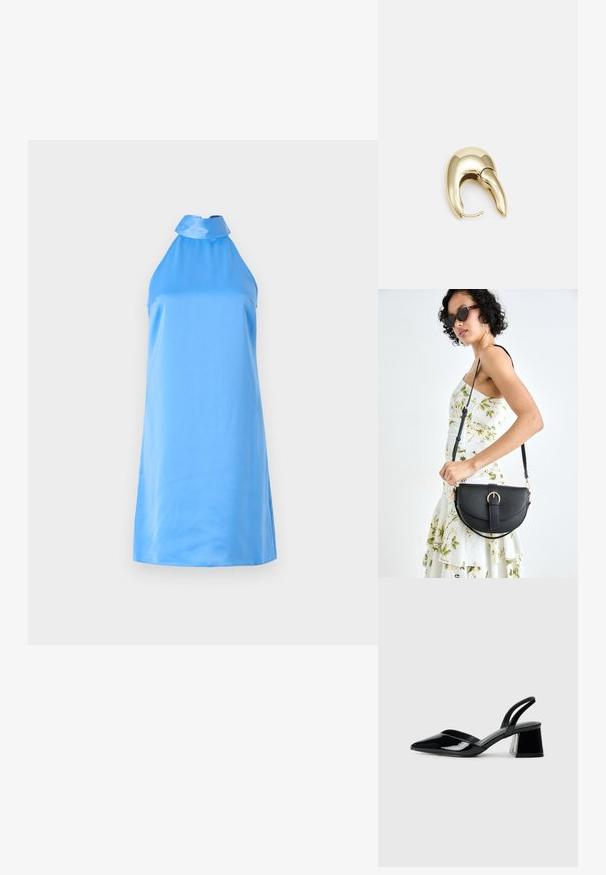 Brezrokavni, svetlo moder halterski oblek, izdelan iz gladkega materiala, ki ima visok ovratnik in stranske razpoke za enostavno gibanje.; Črne lakirane slingback pete s koničastim nosom in geometrijsko blokasto peto. Imajo eleganten, minimalističen dizajn in gladko teksturo.; Črna usnjena torbica s ukrivljeno obliko, z odstranljivo naramnico in zlatimi dodatki. Torbica ima pokrov s podrobnostmi v obliki zaponke.; Uhane nakit iz zlatastega tona z gladko, ukrivljeno zasnovo. Ima edinstveno koničasto obliko, polirano površino in zaponko s tečajem.