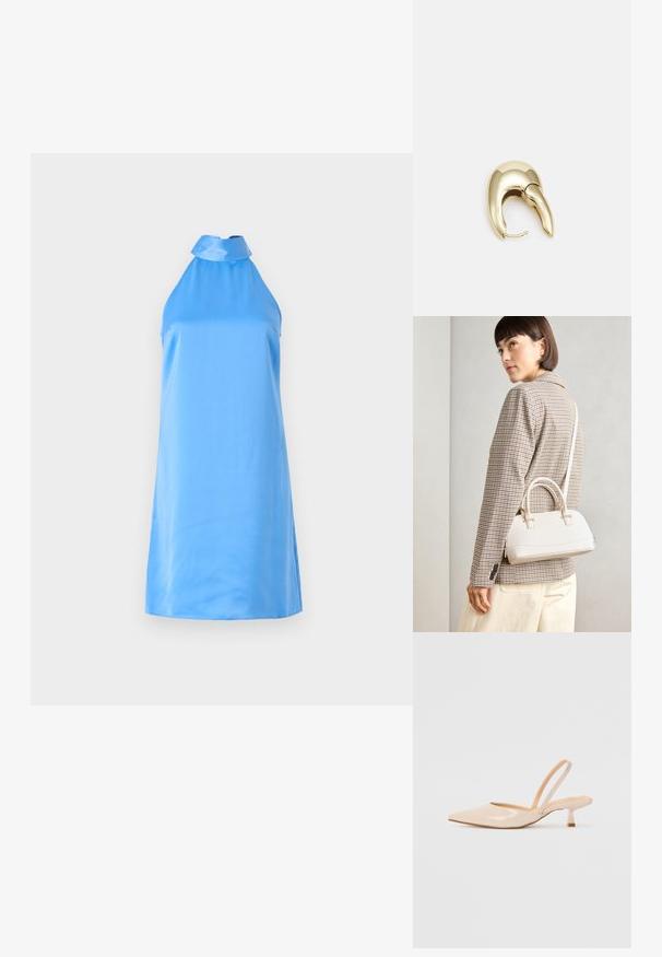 Bez piedurknēm, gaiši zila haltera kleita no gludas auduma ar augstu kakla izgriezumu un sānu šķelēm, kas nodrošina ērtību kustībai.; Bežīgas lakotas ādas slingback papēži ar smailu purngalu un šauru, kvadrātveida papēdi. Gluda tekstūra un minimālistisks dizains bez dekorēšanas elementiem.; Balta strukturēta roku soma ar īsām rokturiem un plecu siksnu, ar zelta aparatūras akcentiem un strukturētu materiālu, izstādīta uz pelēka fona.; Zeltīti metāla auskari ar gludu, izliekta dizaina. Ar atšķirīgu smailu formu, pulētu virsmu un eņģu aizdari.